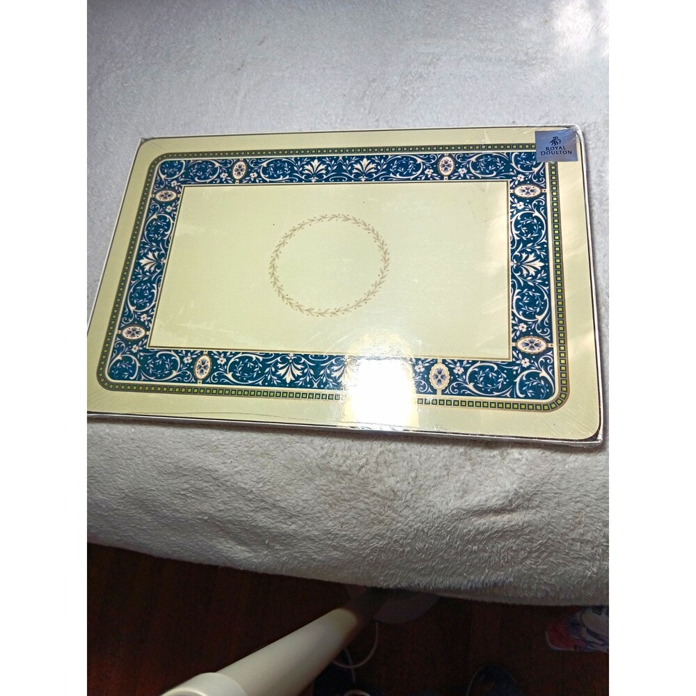 Royal Doulton Rectangular Cork Placemat Cream Blue Floral Border Stain Resistant